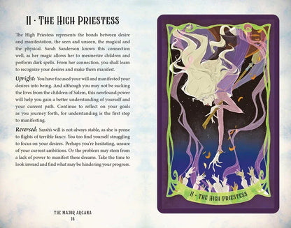 Hocus Pocus tarot card featuring "The High Priestess" with colorful illustrations and descriptive text on a light background.