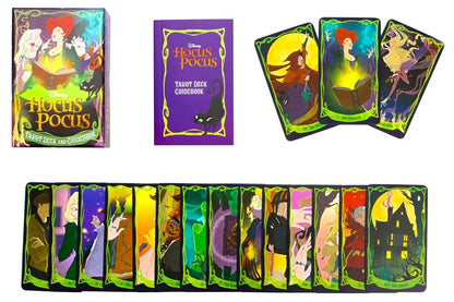Hocus Pocus tarot deck and guidebook featuring colorful cards with character illustrations and a black cat design.
