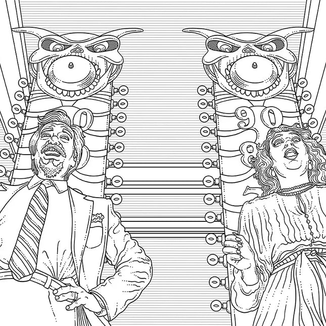 Beetlejuice: the Official Coloring Book features line art of two characters with exaggerated expressions and whimsical det...