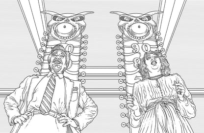 Beetlejuice: the Official Coloring Book features line art of two characters with exaggerated expressions and whimsical det...