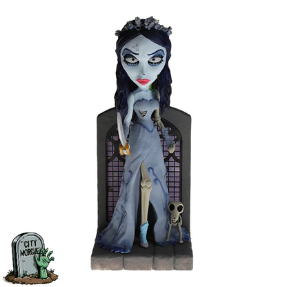 Royal Bobbles Corpse Bride Emily bobblehead with blue dress, skeletal hand, and a small dog at her feet.