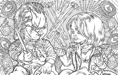 Chucky and Tiffany coloring page featuring detailed line art of both characters surrounded by various tools.