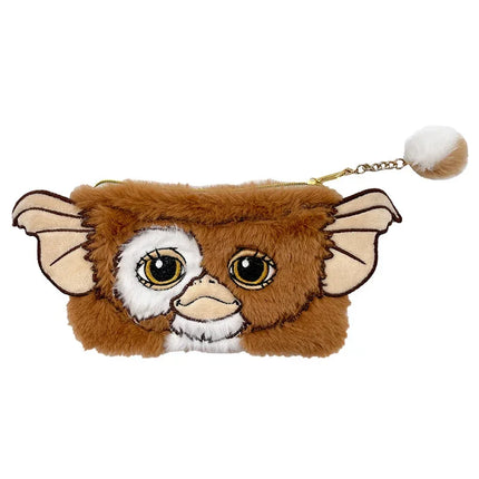 Gizmo plush accessory pouch with brown fur, embroidered eyes, and a white pom-pom zipper pull.