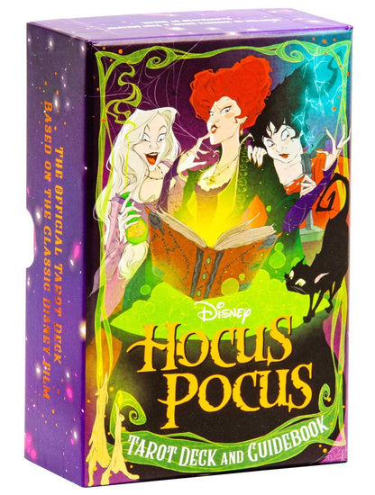 Hocus Pocus tarot deck and guidebook featuring colorful artwork of three witches and a spellbook on a mystical background.