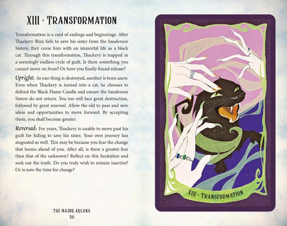 Hocus Pocus tarot card titled "Transformation" featuring a black cat and colorful illustrations on a cream background.